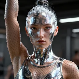 gymnast, 8 k uhd, unreal engine, reflected chrome, octane render, unreal engine 5, highly detailed face, true anatomy!, extremely detailed!, fishnets, dystopian, details visible, octane render, photography