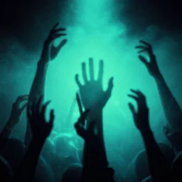 neon turquoise haze photograph hands in the air by reuben nakian, zbrush central contest loser, gutai group, ambient occlusion, demonic photograph, velvia
