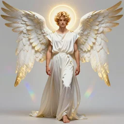 symmetrical fullbody portrait of a beautiful young fit male angel with curly blond hairs, dressed in long fluent clothes, majestic big dove wings, luminous halo, by greg rutkowski and alphonse mucha, gradient white to gold, in front of an iridescent background, highly detailed portrait, digital painting, artstation, concept art, smooth, sharp focus illustration