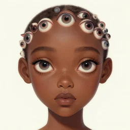 eyes!! a black girl with many eyes!, surreal art by colin christian and junji ito and anton semenov in a surreal portrait style, trypophobia! eyes, eyes everywhere, symmetry, eyes!, homicidal eyes, optical illusion, delicate and intricate, highly detailed, infinite intricacy
