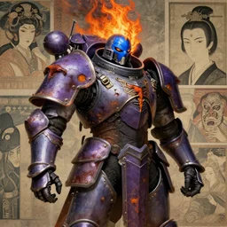 composition of gothic and futuristic, warhammer, cyber japan style armor, more and more scars, firerstorm, blue head, some purple and orange, the middle ages, highly detailed, artstation, in the style of moebius, jugendstil and classic japanese print, art by rene magritte and jean delville