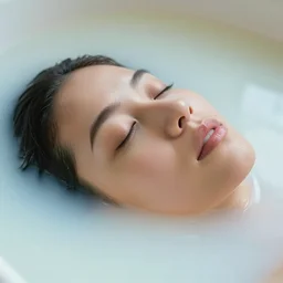 photography of a woman's face submerged in milkbath. closed eyes. kodak. hq. ethereal.