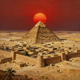 an oil painting of a small city in the desert ::Pyramid inside the city surrounded by huts and walls that surround the city and a dark red sun, fantasy,hyper realistic, atmospheric lighting, cinematic, 8k,