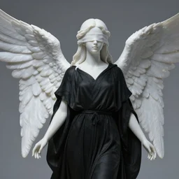 an angel of pristine alabaster wearing modest robes of black with pearlescent wings and her eyes blindfolded, hyper realistic, photograph, unreal engine, trending on artstation