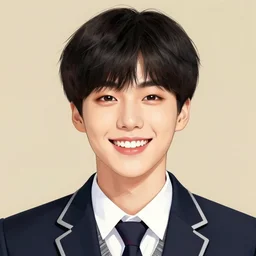 a headshot of a very happy yoongi gummy smile - short black hair wearing male school uniform, sharp focus, illustration, morandi color scheme, art station, high detailed, by ilya kuvshinov, gorillaz art