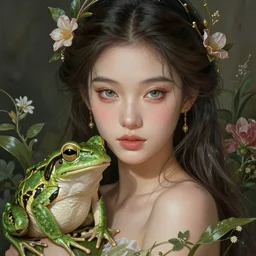 hyperdetailed fantasy beauty portrait of princess and the frog with floral plants. by greg rutkowski, highly detailed, digital painting, artstation, smooth, sharp focus illustration, artstation hq. intricate, elegant, 8 k, unreal engine. art by wlop and artgerm and ayami kojima. dan mumford, tomokazu matsuyama, takato yamamoto
