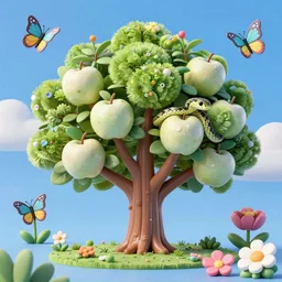 3 d render apple tree with a snake slithering in the branches against a psychedelic surreal background with 3 d butterflies and 3 d flowers n the style of 1 9 9 0's cg graphics against the cloudy night sky, lsd dream emulator psx, 3 d rendered y 2 k aesthetic by ichiro tanida, 3 do magazine, wide shot
