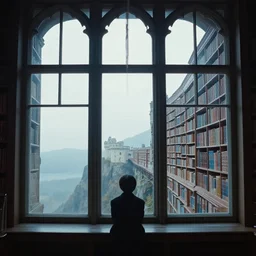 figure looking through a wide window, castle library, big hall, cold colors, dust, lonely,, cliff side landscape, photorealistic by michael komarck, greg rutkowski, victo ngai, artgerm, willem claesz heda