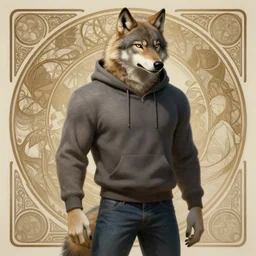 an anthropomorphic wolf man wearing a hoodie and jeans, diffuse lighting, fantasy, intricate, elegant, highly detailed, lifelike, photorealistic, digital painting, artstation, illustration, concept art, smooth, sharp focus, naturalism, trending on byron's - muse, by greg rutkowski and greg staples and alphonse mucha