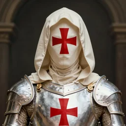 Pale Hooded man with a red cross embroiled in his ornate armor hyper-realistic, Unreal Engine, Octane Render, digital art, trending on Artstation, 8k, detailed, atmospheric, immaculate