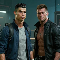 Cristiano Ronaldo and Arnold Schwarzenegger in cyberpunk 2077 unreal engine 5 4k ultra realistic hyperdetailed photorealism HDR