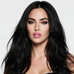 megan fox with heavy eye makeup and pink glossy lipstick, long windblown black hair, seductive camisole, pinup, intricate, glamorous fashion pose, sharp focus, illustration, highly detailed, digital painting, concept art, art by wlop and artgerm and ross tran, masterpiece, fritz willis, fine lines, watercolor, pink and black and white colors, arney freytag, charlie bowater, loish