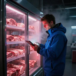 a man wearing a blue ski suit with no mask in a very dark and metallic meat freezer and looking at a tablet that's shining a red light on his face, there are slabs of meat on shelves, volumetric light, ice vapor, misty, cinematic, 8 k - 1 0 2 4