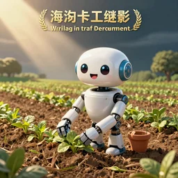 A Poster of a happy anthropromorphic robot working in the fields