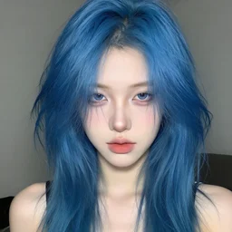 an alternative young woman with messy blue hair, pale