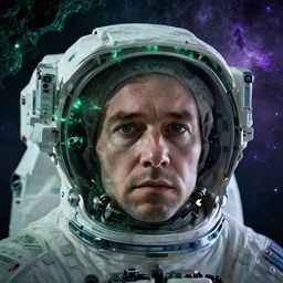 extreme close up astronaut portrait, solemn face, double exposure, green [ [ [ crystal ] ] ] caves, amethyst, beautiful dynamic lighting, nebula sky, cinematic, wide angle establishing shot, extremely high detail, photo realistic, cinematic lighting, matte painting, interstellar, greg rutkowski, roger deakins