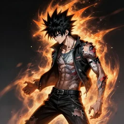 a mad guy with spike black hair, orange spike aura in motion, damaged clothes, painted artgerm and greg rutkowski and alphonse mucha, trending on artstation