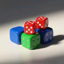 red dice on green dice on blue dice