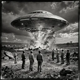 tintype, wide view, thundra ufo crash site, team of scientists studying captured alien, art by bruce pennington