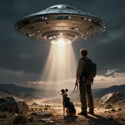 movie still of a dog owner getting beamed aboard ( abducted ) by an alien ufo