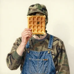portrait of a man camouflaged as a waffle whilst wearing denim coveralls graham sutherland ilya repin brad rigney eyvind earle dan witz mark ryden watercolor