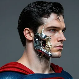Christopher reeve!!! side of the face is metal skeleton exposed skull another side is human skin , superman costume, realistic shaded perfect face, fine details. not anime. Realistic shaded lighting poster by Ilya Kuvshinov katsuhiro, magali villeneuve, artgerm, Jeremy Lipkin and Michael Garmash, Rob Rey and Kentarõ Miura style, trending on art station
