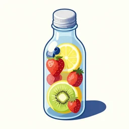 ( ( dither ) ), editorial illustration strawberries blueberries sliced kiwi sliced lemon inside a clear drinking bottle portrait, isometric, modern art deco, ( ( mads berg ) ), christopher balaskas, victo ngai, rich grainy texture, detailed, dynamic composition, wide angle, matte print, art nouveau, unreal engine