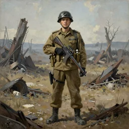 a stunning portrait painting of a soldier in a post apocalyptic landscape