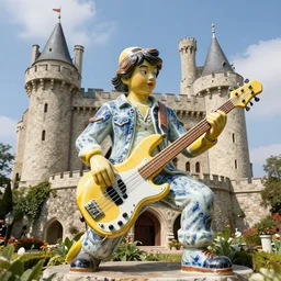 a massive porcelain sculpture in a medieval castle of a banana playing bass guitar, in the style of johnson tsang, funny sculpture, lucid dream series
