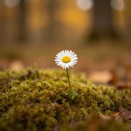 dream a daisy in a forest, moss, autumn, warm colors, photography, depth of field
