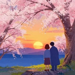 colorful illustration of sakura sunset, by hajime sorayama and jake parker