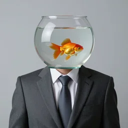 a gentleman in a suit who has a goldfish bowl as a head