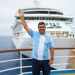 Argentinian man standing on a cruise ship waving