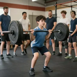 weak boy trying to lift a heavy weight in the gym, people laughing at him, hd
