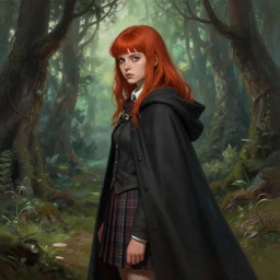 side portrait rugged girl, witch school uniform outfit large cloak, fantasy forest landscape, fantasy magic, long red bangs hair, sharp focus, illustration, highly detailed, digital painting, concept art, matte, art by wlop and artgerm and greg rutkowski and alphonse mucha, masterpiece