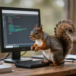 Photo of a squirrel programming a computer