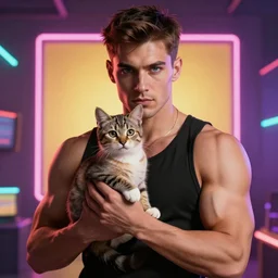 muscular man holding a kitten in his hand, vaperwave background, color studio portrait, golden ratio, backlit, detailed eyes
