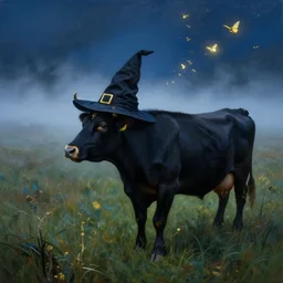 a detailed matte landscape painting of a cow standing in a grassy field wearing a witch hat, cow wearing hat!!!! viewed in profile, fog and flying glowing moths in the background, ultrawide lens, aerial photography, black and blue color scheme with gold highlights, art by paul kidby, 8 k