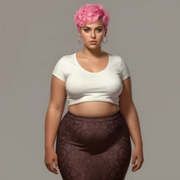 full body portrait, teenage keira knightley, pink hair, brown skin, obese, curly pixie hair, sultry, realistic, short hair, hoop earrings, skirt, shirt, fat, belly, intricate, elegant, highly detailed, digital painting, artstation, concept art, smooth, sharp focus, illustration, art by wlop, mars ravelo and greg rutkowski
