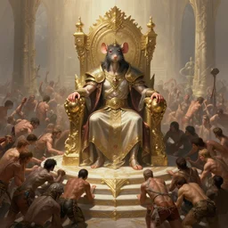 rat overlord sitting on throne with hundreds of humans wordhipping, ssci - fi and fantasy, intricate and very very beautiful and elegant, highly detailed, digital painting, artstation, concept art, smooth and sharp focus, illustration, art by greg rutkowski