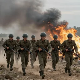 troops marching onto the war with burning smoky background around them, photorealistic, realistic, dramatic, cinematic, photography