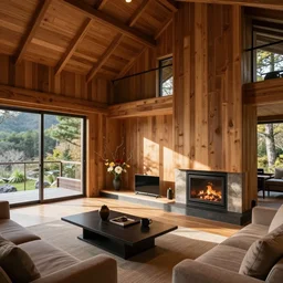 luxurious wooden cottage, modern Japanese living room, Japanese flower arrangements, high-tech devices, traditional fireplace, real estate photography
