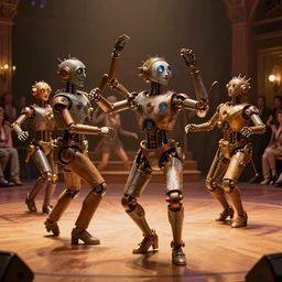 steampunk robots expressively dancing on the dance floor by otto dix and greg rutkowski and andreas rocha, cinematic lighting, highly detailed, warm colours, 4 k