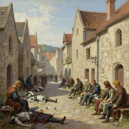 ultra realistic painting of a medival town with corpses littered around the street, people are sitting on benches, day, drawn in a medival style.