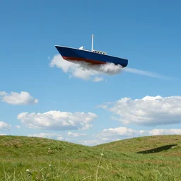 sky - ship flying through the clouds blue sky grassy hills, andreas rocha style