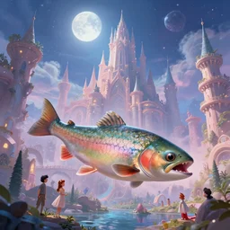 stunning fantasy scene of a trout in otoh gunga city | highly detailed | very intricate | disney | otoh gunga city | otoh gunga city | dramatic romantic epic breathtaking whimsical magical | bokeh moon stars | professional cinematic lighting | award - winning | painted by marc simonetti and anton fadeev and paul lehr and rhads and alena aenami | pastel color palette | featured on artstation