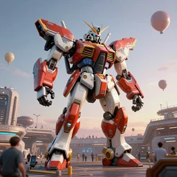 a beautiful hyperrealistic ultradetailed 3 d render of a gigantic mecha guarding a sci - fi spaceport, by jacek yerka : 3, mech, unreal engine, octane render, gigantic, unreal engine, octane render, 3 d, brilliantly coloured, intricate, ultra wide angle, trending on artstation, dusk, volumetric lighting, hdr, polished, micro details, ray tracing, 8 k : 2, people, sphere, balloon, blurry, blur, depth of field, dof, bokeh, obscured, macro : - 1