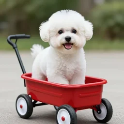 a photorealistic photograph of a smiling happy white Bichon Frisé puppy riding in a little red wagon that is overflowing french fries during sunset at the beach Trending on Artstation, featured on Behance, well-rendered, Unreal Engine, 4K HD