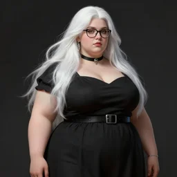 beautiful female, thick body type, long white hair, glasses, black dress with belt around waist, silver earrings, silver jewellery, black choker, highly detailed, digital painting, matte, particles, dark background, smooth, sharp focus, art by artgerm, bouguereau, chiaroscuro, tom bagshaw, anna dittman, octane render, medium long shot