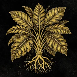Intricate and complex Da Vinci style drawing of plants with leaves and roots. Gold ink on black paper. Detailed. high quality. Graphic design. black and gold scheme. grunge and dirty.